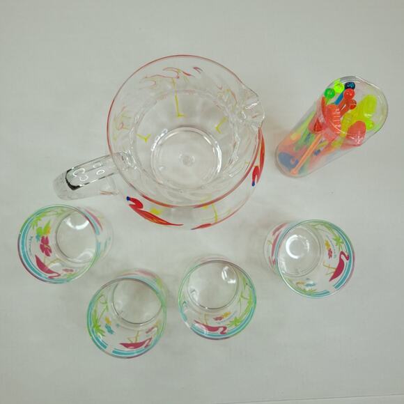 Fun Acrylic Pink Flamingo Pitcher with 4 Cups and 12 Cocktail Stir Sticks Set - Picture 2 of 6